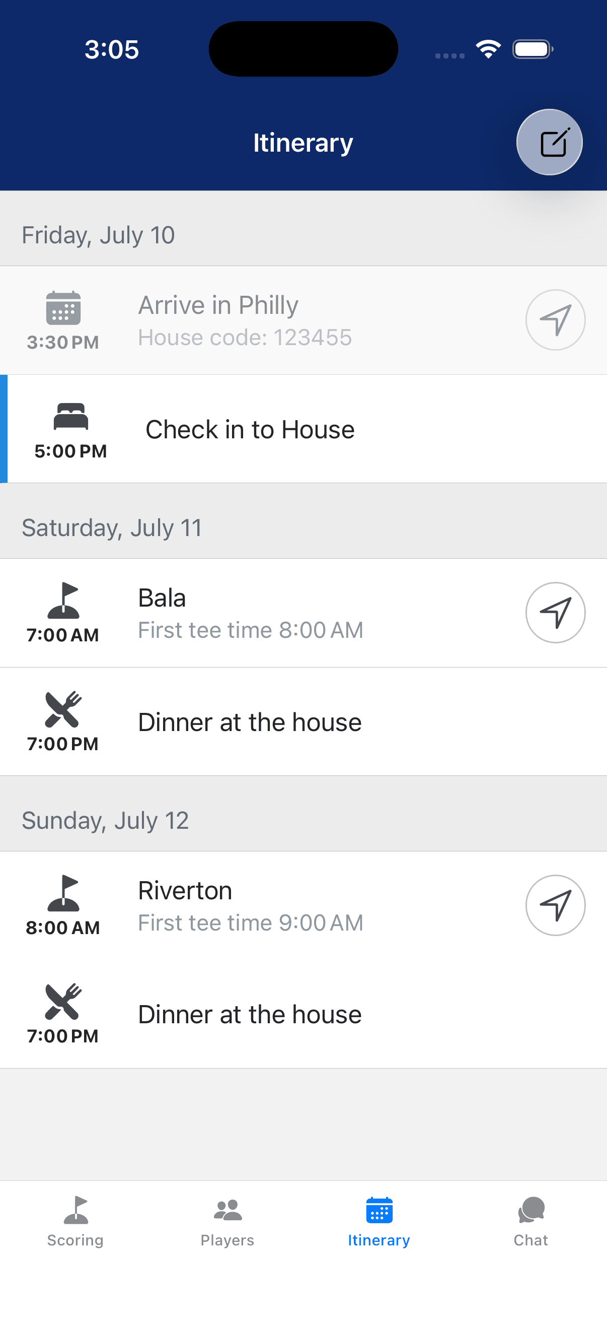Trip itinerary screen